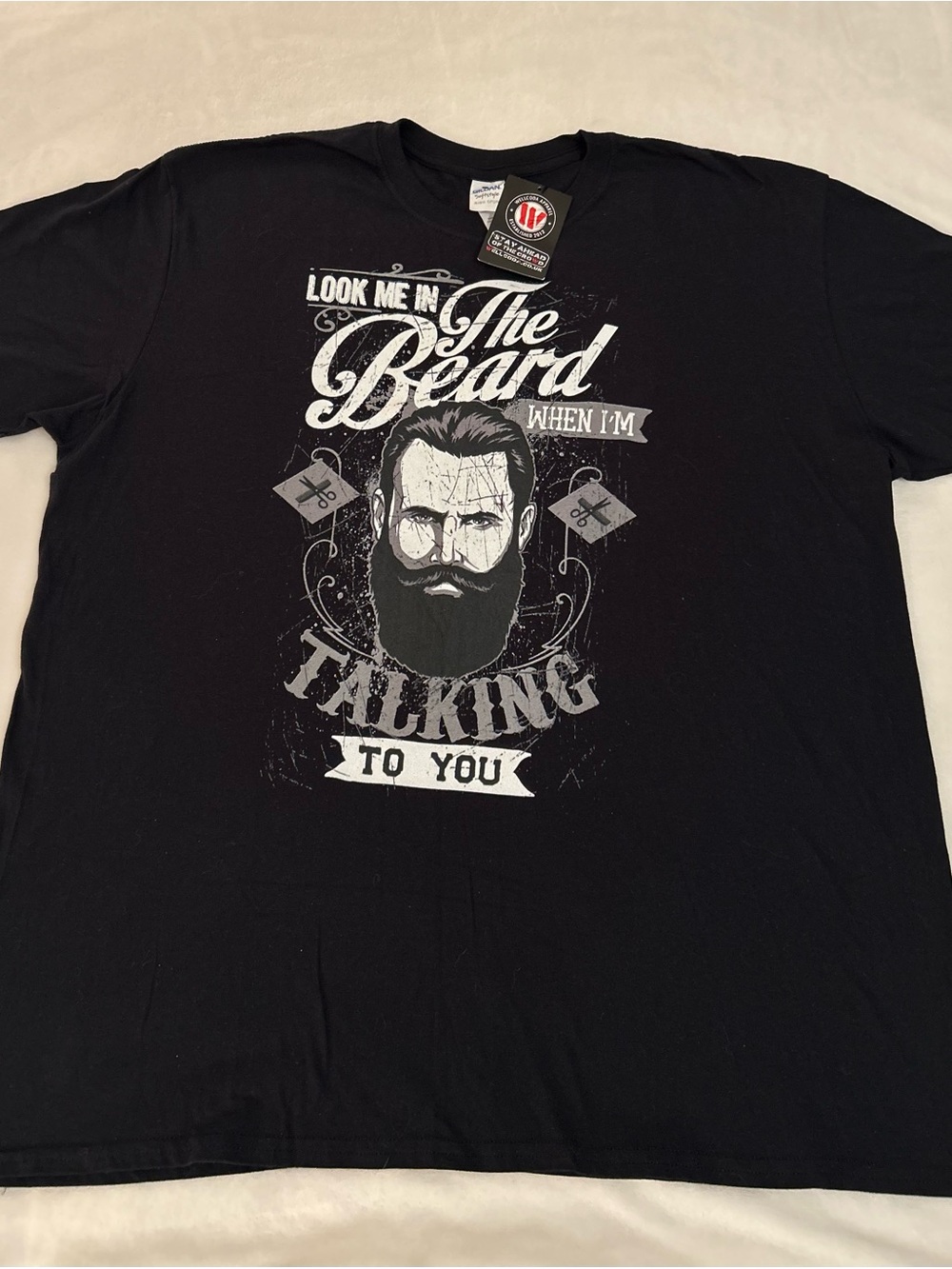 Gildan Black Graphic Tee with White Beard Illustration. Size 2XL